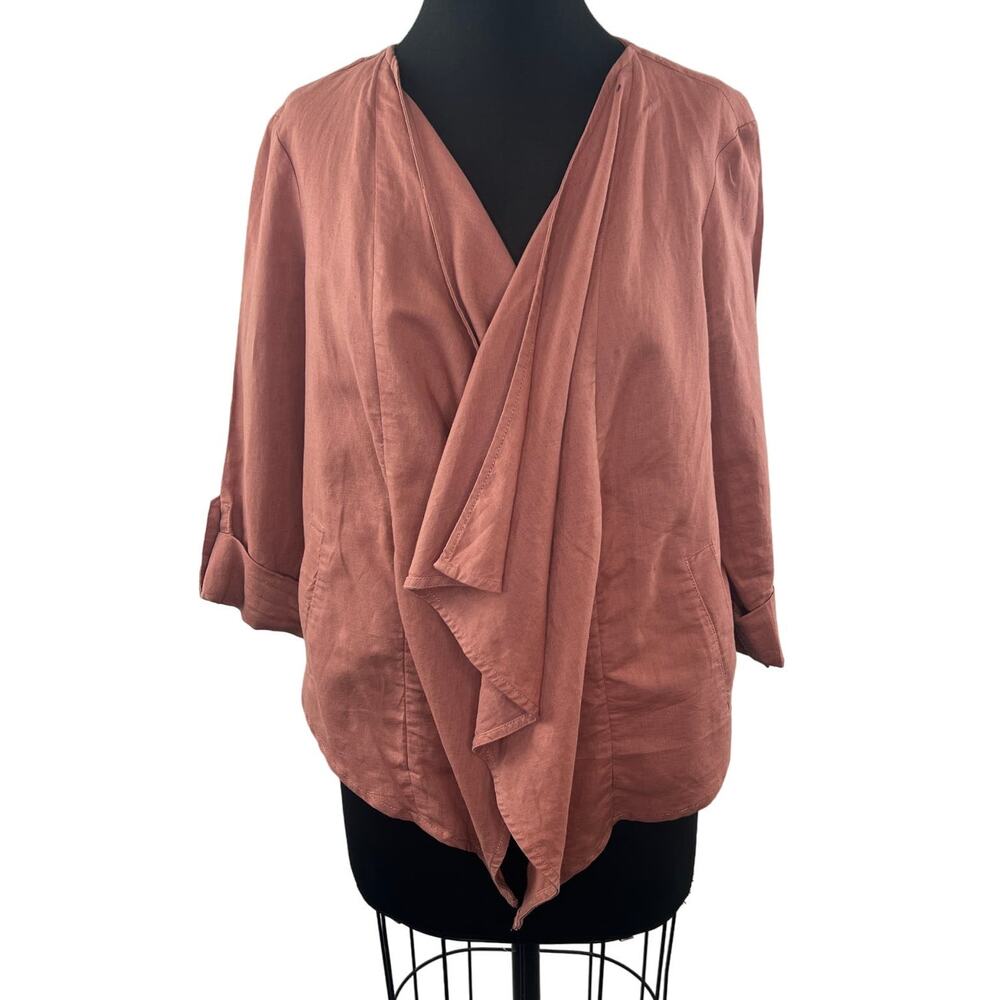 DALIA Dusty Pink Cardigan Top Linen Pockets 3/4 Roll Up Sleeve Size Large L